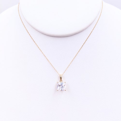 14k 2ct Princess Cut CZ Diamond Pendant, Vintage 14k Gold 7mm Princess Diamond CZ Necklace, 14k Square shops Diamond CZ Pendant