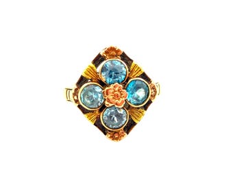 Art Deco 10k Blue Topaz Navette Ring, Dason Blue Zircon Rose Gold Flower Ring, Multi Gold Vintage Ring