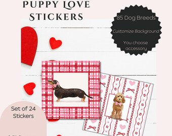 Custom Dog Sticker, for Dog Lovers, Dog Mom, Envelope Seal, Dog Breed, Dog Gift Wrap, Dog Valentine, Sticker Label, Red & Pink, Puppy Love