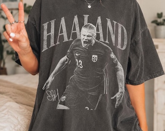 Vintage Haaland Shirt, Retro Soccer Graphic Tee, Black White Football Bootleg T Shirt, Norway Striker Oversized Tee