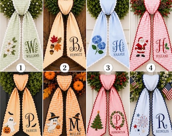 Personalized All Season Wreath Sash Bundle, Custom Monogram Door Bow, Choose 4 or 8 Sashes, Halloween Christmas Holiday Decor