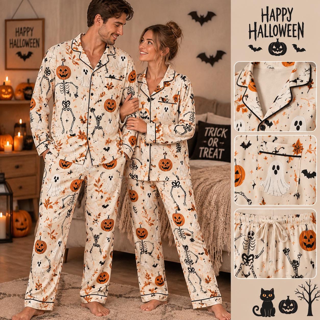 Matching Halloween Pajama Set, Ghost Black Cat PJs, Spooky Cute Sleepwear, Couples Halloween Pajamas, Cozy Fall Loungewear, Halloween Gift