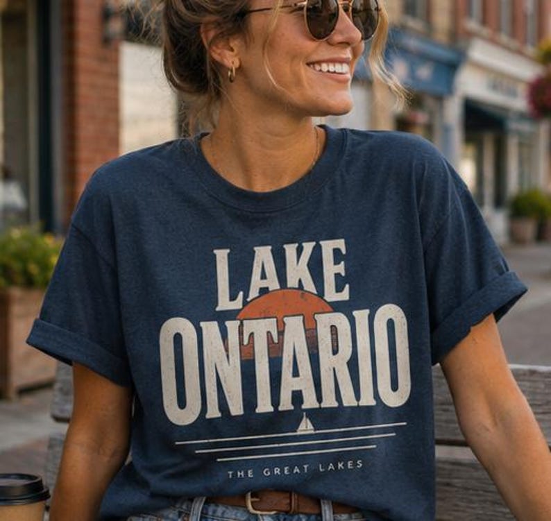 May include: A navy blue short-sleeved t-shirt featuring a graphic print that reads LAKE ONTARIO in large white letters. The design includes a burnt orange sun, a small white sailboat icon, and the text THE GREAT LAKES at the bottom.