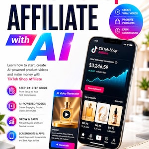Peut inclure: Un guide numérique intitulé The Ultimate Beginner's Guide to TikTok Shop Affiliate with AI. Il présente deux smartphones affichant des interfaces d'application, dont un tableau de bord avec un total de commissions de 3 246,59 $ et un outil générateur vidéo IA.