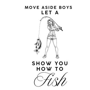 Deja que esta chica te enseñe a pescar, divertidas citas de pesca en formato SVG, diseños de humor de pesca digital, descarga instantánea para Cricit y bricolaje.