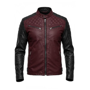 Men’s Genuine Sheepskin Leather Biker Jacket – Burgundy and Black Quilted Moto Style