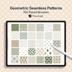 May include: A digital tablet displays a collection of geometric seamless patterns in green, brown, and white. The text at the top reads "Geometric Seamless Patterns" and "100 Paired Brushes". A stylus points to the screen, showcasing the Procreate app.