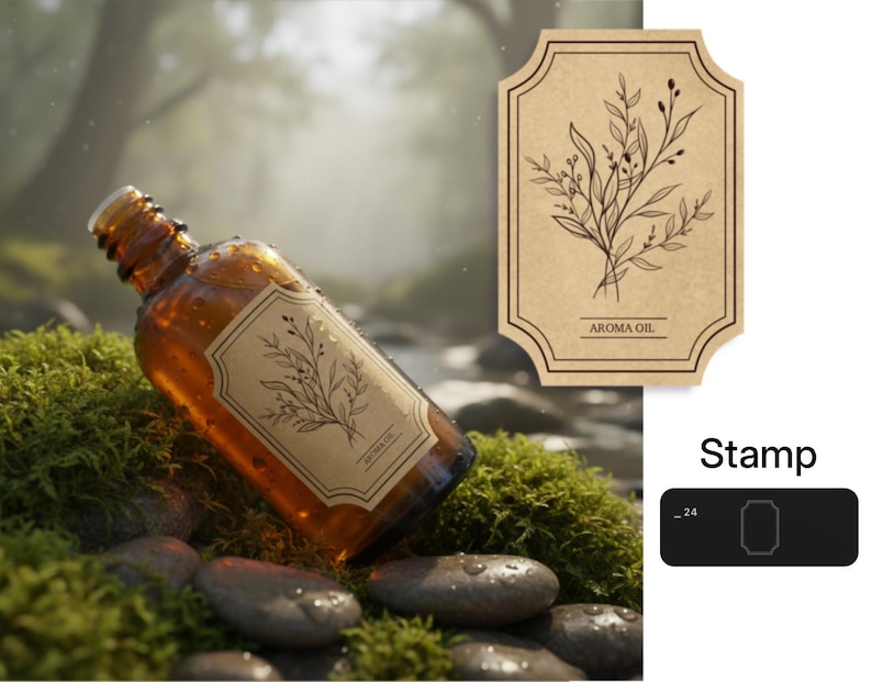 Peut inclure: Flacon d'huile aromatique en verre ambr&eacute; avec une &eacute;tiquette botanique. L'&eacute;tiquette pr&eacute;sente un dessin au trait de feuilles et les mots "AROMA OIL". Le flacon repose sur des rochers couverts de mousse.