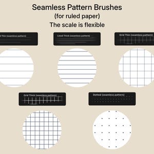 May include: A digital display of Seamless Pattern Brushes for ruled paper with flexible scale. It features five circular samples showing black line patterns on white: Lined Thin, Lined Thick, Grid Thin, Grid Thick, and Dotted patterns.