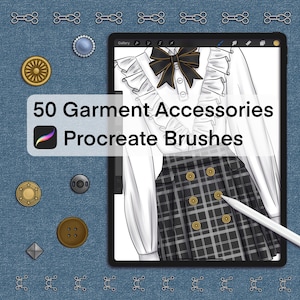 May include: Digital illustration of a fashion design on a tablet, featuring a white blouse with a black bow and a plaid skirt. The image includes various garment accessories like buttons and clasps, and the text "50 Garment Accessories Procreate Brushes."
