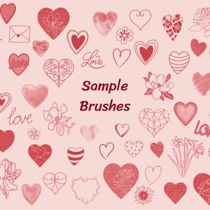 Puede incluir: Una colecci&oacute;n de pinceles rojos en forma de coraz&oacute;n con varios dise&ntilde;os, incluyendo patrones florales, geom&eacute;tricos y texturizados. El texto "Sample Brushes" est&aacute; escrito en el centro de la imagen.