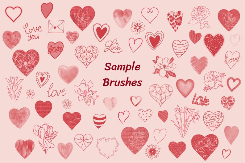Puede incluir: Una colecci&oacute;n de pinceles rojos en forma de coraz&oacute;n con varios dise&ntilde;os, incluyendo patrones florales, geom&eacute;tricos y texturizados. El texto "Sample Brushes" est&aacute; escrito en el centro de la imagen.
