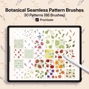 May include: A digital tablet displays botanical seamless pattern brushes. The screen shows 30 patterns with 86 brushes, featuring various fruits, flowers, and leaves. The text "Botanical Seamless Pattern Brushes" and "Procreate" are visible.