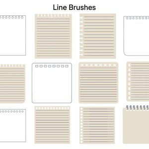 May include: A digital collection titled Line Brushes featuring twelve distinct notepad and paper designs. The set includes various beige lined paper sheets and white blank notepad templates with different spiral, ring, and perforated edge styles.