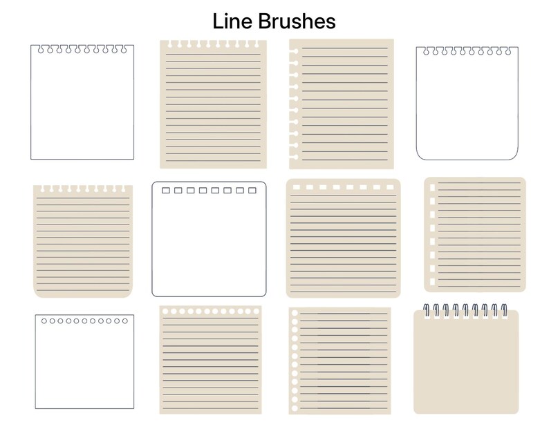 May include: A digital collection titled Line Brushes featuring twelve distinct notepad and paper designs. The set includes various beige lined paper sheets and white blank notepad templates with different spiral, ring, and perforated edge styles.