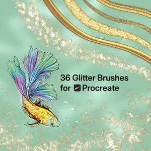 Pode incluir: Ilustração digital de um peixe colorido com barbatana fluida, sobre um fundo turquesa com bolhas e detalhes dourados. O texto diz "36 Glitter Brushes para Procreate."