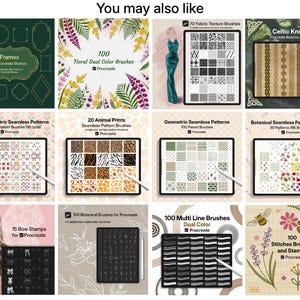 May include: A digital collection of twelve Procreate brush sets displayed in a grid, featuring various design elements including frames, floral patterns, animal prints, geometric shapes, botanical motifs, bows, multi-line brushes, and stitch stamps.