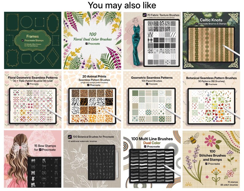 May include: A digital collection of twelve Procreate brush sets displayed in a grid, featuring various design elements including frames, floral patterns, animal prints, geometric shapes, botanical motifs, bows, multi-line brushes, and stitch stamps.