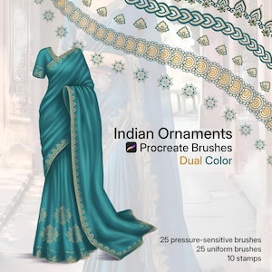 May include: Digital illustration of a teal saree with gold trim and detailing. The image also features decorative Indian-inspired patterns and the text "Indian Ornaments Procreate Brushes Dual Color". Includes 25 pressure-sensitive brushes, 25 uniform brushes, and 10 stamps.