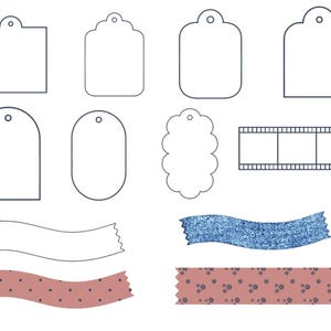 May include: A collection of digital design elements including six white gift tags with various outlines, a film strip frame, a plain white wavy banner, a blue glitter wavy banner, a pink dotted banner, and a pink floral patterned banner.