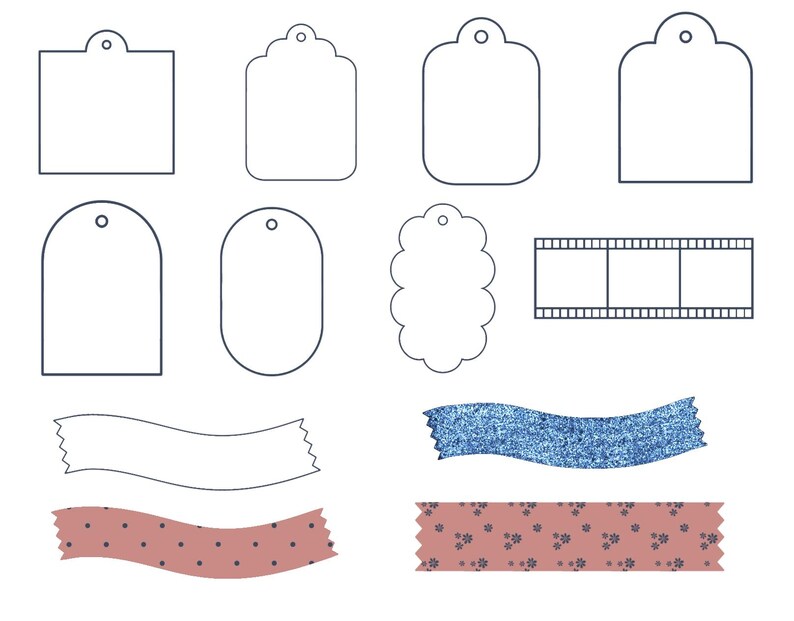 May include: A collection of digital design elements including six white gift tags with various outlines, a film strip frame, a plain white wavy banner, a blue glitter wavy banner, a pink dotted banner, and a pink floral patterned banner.