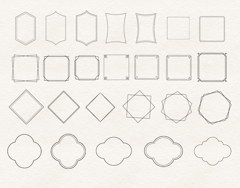Peut inclure: Une collection de vingt et un cadres noirs dessin&eacute;s au trait, de formes vari&eacute;es, notamment des rectangles, des carr&eacute;s, des losanges et des motifs floraux. Les cadres sont dispos&eacute;s sur un fond textur&eacute; blanc cass&eacute;.