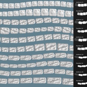 Op de afbeelding: Een verzameling witte, getextureerde, rechthoekige kralen gerangschikt in horizontale rijen op een blauwe achtergrond. Rechts toont een zwarte zijbalk labels waaronder Uniform 21, Flexible 21, Uniform 22, Flexible 22, Uniform 23, Flexible 23, Uniform 24, Flexible 24, Uniform 25 en Flexible 25 met bijbehorende kraalsegmenten.