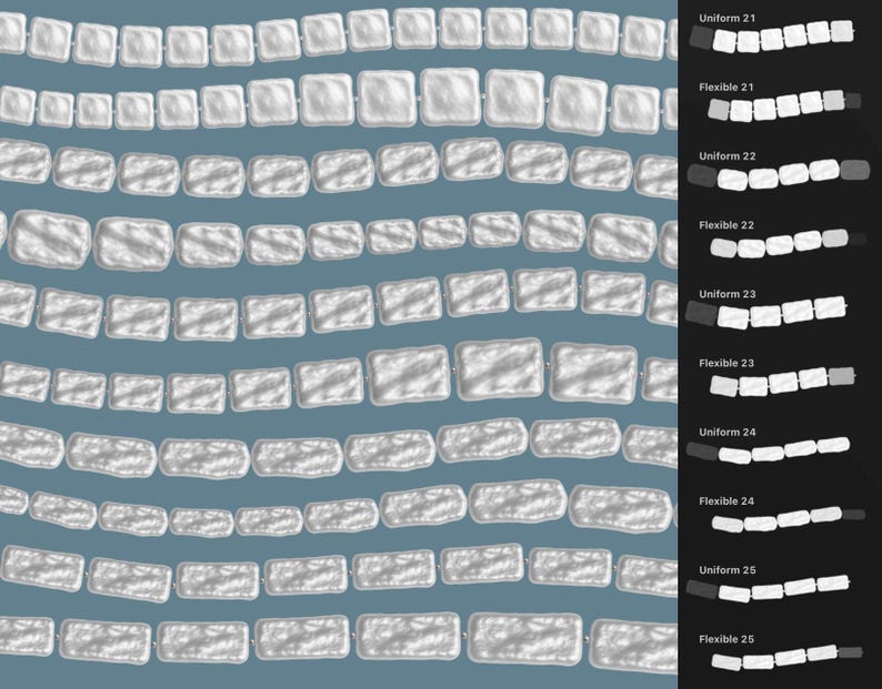 Op de afbeelding: Een verzameling witte, getextureerde, rechthoekige kralen gerangschikt in horizontale rijen op een blauwe achtergrond. Rechts toont een zwarte zijbalk labels waaronder Uniform 21, Flexible 21, Uniform 22, Flexible 22, Uniform 23, Flexible 23, Uniform 24, Flexible 24, Uniform 25 en Flexible 25 met bijbehorende kraalsegmenten.