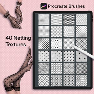 Puede incluir: Ilustración digital que muestra una tableta con 40 texturas de red para pinceles Procreate. También se ven un lápiz óptico, guantes de red y medias de lunares. El texto "40 Netting Textures" es visible.