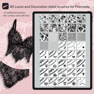 Könnte beinhalten: Ein digitaler Tablet-Bildschirm zeigt 40 Spitzen- und Dekorationsdetailpinsel für Procreate, eine digitale Kunst-App. Die Pinsel sind in einem Raster angeordnet und umfassen verschiedene Spitzenmuster, Ränder und dekorative Elemente. Der Text "40 Laces and Decoration detail brushes for Procreate" wird oben auf dem Bildschirm angezeigt.