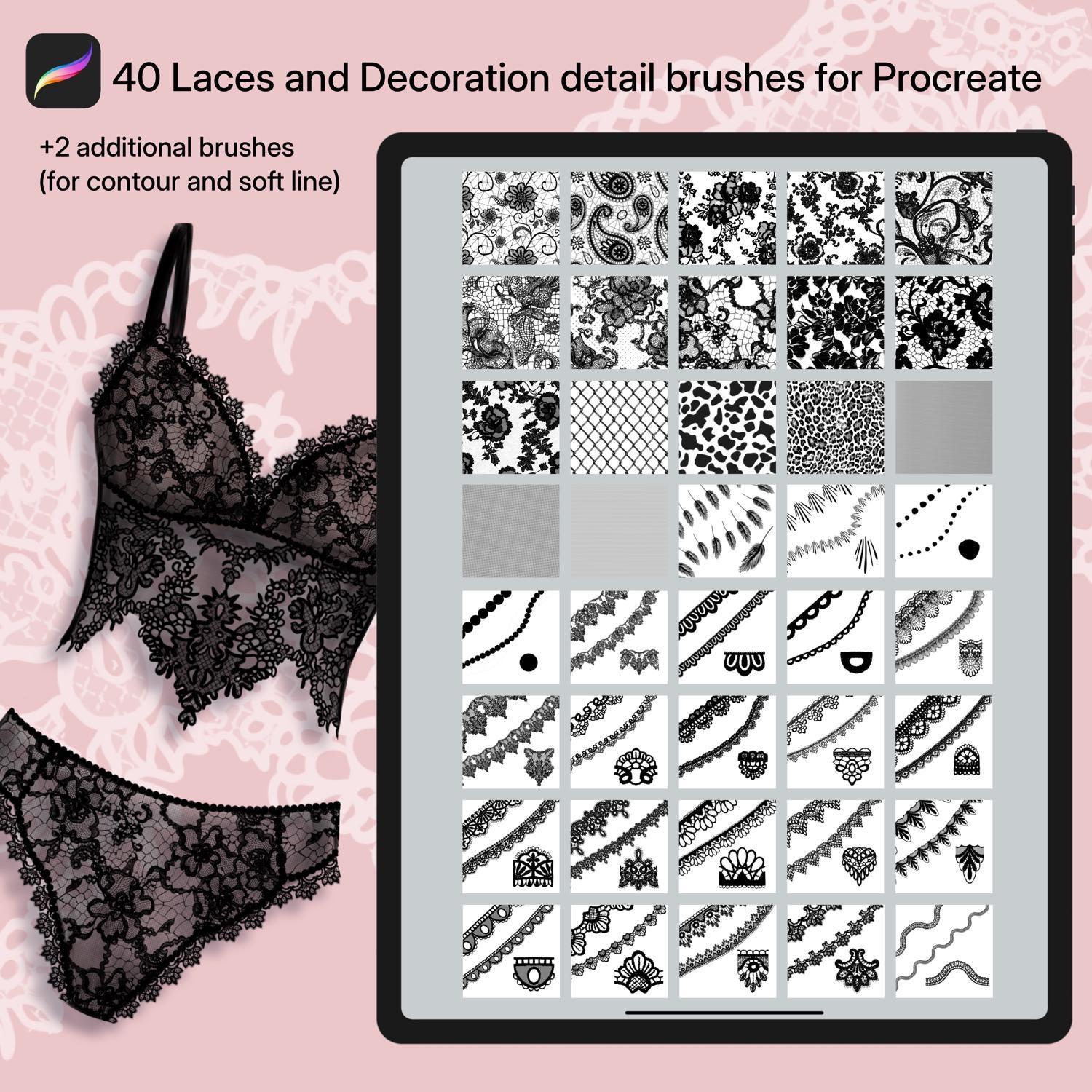 Procreate Lace & Fashion Texture Brushes Set – 40+ Fabric, Tulle, Netting, Animal Print & Ribbon Stamps