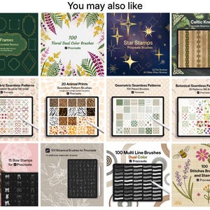 Op de afbeelding: Een digitale collectie van twaalf Procreate penseel- en stempelsets met diverse ontwerpen, waaronder bloemmotieven, dierenprints, geometrische vormen, Keltische knopen, sterstempels, kaders, strikstempels en steekpenselen voor digitale illustraties.