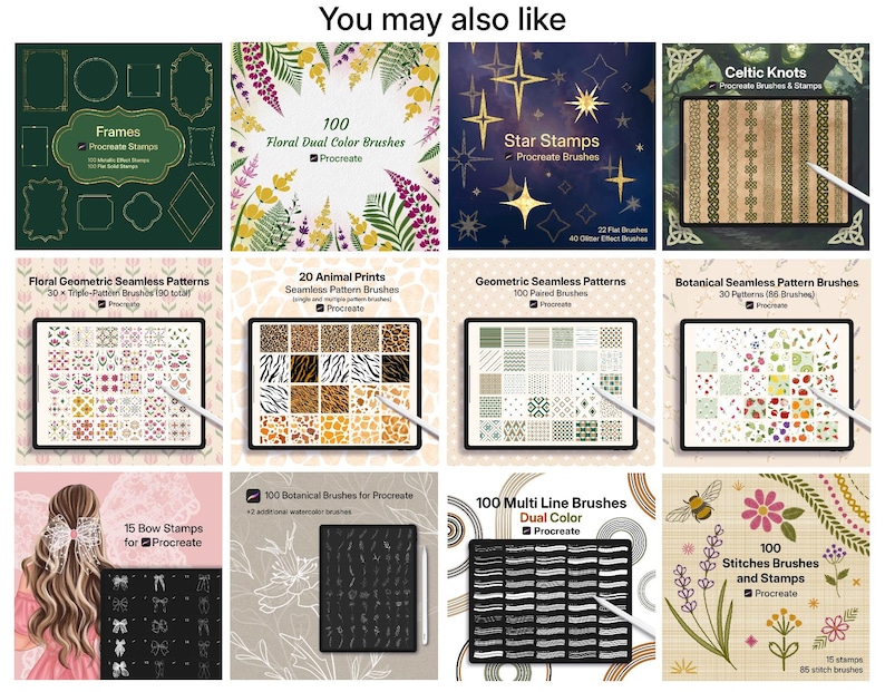 Op de afbeelding: Een digitale collectie van twaalf Procreate penseel- en stempelsets met diverse ontwerpen, waaronder bloemmotieven, dierenprints, geometrische vormen, Keltische knopen, sterstempels, kaders, strikstempels en steekpenselen voor digitale illustraties.