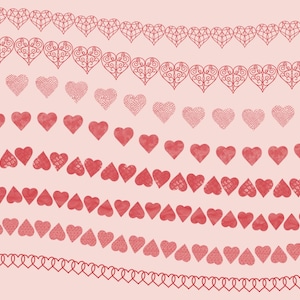 Puede incluir: Una ilustraci&oacute;n digital sobre un fondo rosa con nueve filas de corazones rojos en diferentes estilos. Los corazones est&aacute;n dispuestos en forma de onda, creando un dise&ntilde;o rom&aacute;ntico y festivo.