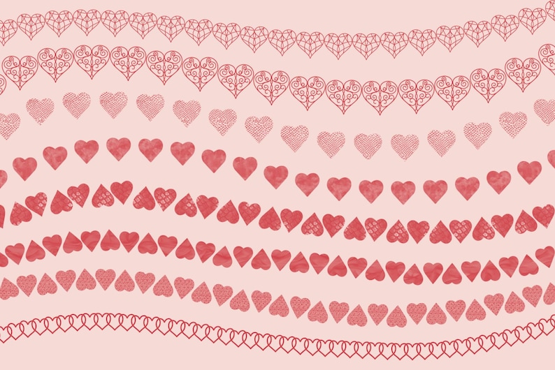 Puede incluir: Una ilustraci&oacute;n digital sobre un fondo rosa con nueve filas de corazones rojos en diferentes estilos. Los corazones est&aacute;n dispuestos en forma de onda, creando un dise&ntilde;o rom&aacute;ntico y festivo.