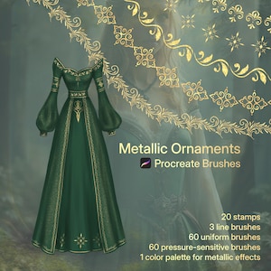以下が含まれることがあります： 金色の装飾が施された緑色の、中世風ドレスのデジタルイラスト。画像には、金色のメタリックオーナメントと「Metallic Ornaments Procreate Brushes」の文字が含まれています。20個のスタンプ、3本のラインブラシ、60本のユニフォームブラシ、60本の筆圧ブラシ、1つのカラーパレットも含まれています。