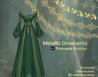 Pinceles metálicos para Procreate: Sellos ornamentales, efectos de línea, paleta dorada (Descarga digital .brushset)