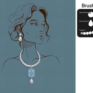 Op de afbeelding: Een digitale illustratie van een persoon die een parelketting draagt met een grote rechthoekige lichtblauwe hanger en bijpassende druppelvormige oorbellen. Rechts toont een zwart menupaneel met het label Brushes de opties Round Stamp, Drop Stamp en Flexible.