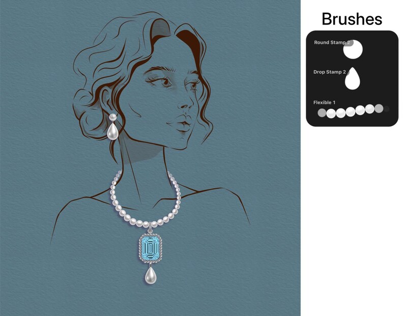 Op de afbeelding: Een digitale illustratie van een persoon die een parelketting draagt met een grote rechthoekige lichtblauwe hanger en bijpassende druppelvormige oorbellen. Rechts toont een zwart menupaneel met het label Brushes de opties Round Stamp, Drop Stamp en Flexible.
