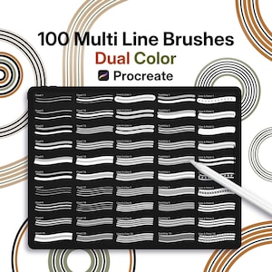 May include: A digital tablet screen displays a grid of 100 multi-line dual color Procreate brushes with various stroke patterns, including fixed, line-in-line, twisting, and line-and-point styles, accompanied by a white stylus on a white background.