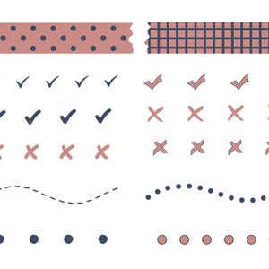 May include: A collection of digital planner stickers featuring two horizontal strips of washi tape in dusty rose with dark blue polka dots and grid patterns, alongside rows of dark blue and dusty rose checkmarks, x-marks, dotted lines, and circles.