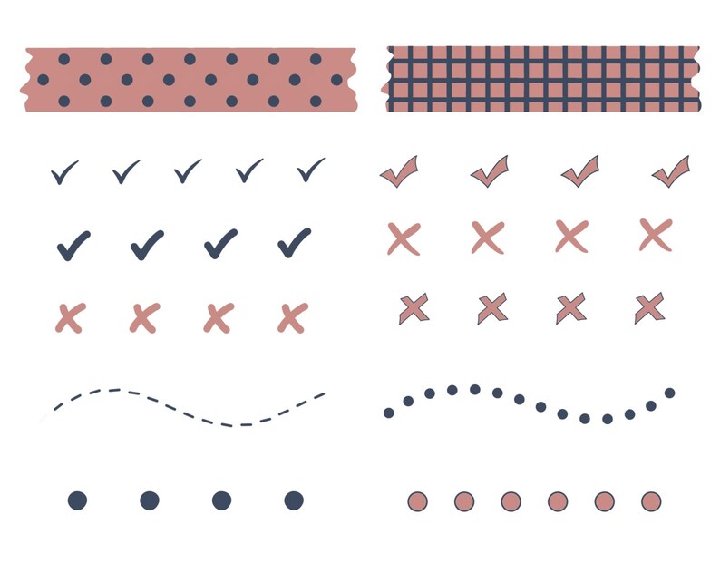 May include: A collection of digital planner stickers featuring two horizontal strips of washi tape in dusty rose with dark blue polka dots and grid patterns, alongside rows of dark blue and dusty rose checkmarks, x-marks, dotted lines, and circles.