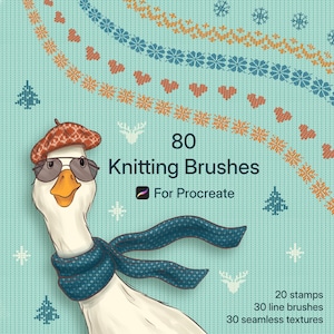 Könnte beinhalten: Digitale Illustration mit einer Gans, die Baskenmütze, Sonnenbrille und Schal trägt. Das Bild wirbt für "80 Knitting Brushes" für Procreate, mit Details zu Stempeln, Linienpinseln und nahtlosen Texturen. Der Hintergrund hat ein Strickmuster.