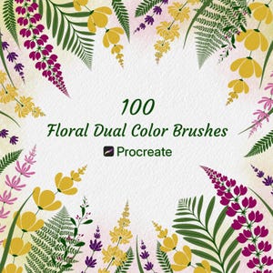May include: An image featuring a collection of floral elements in shades of yellow, pink, purple, and green, arranged around the edges of the frame. The text in the center reads "100 Floral Dual Color Brushes" with the Procreate logo.