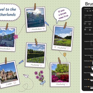 May include: A digital collage on a light green dotted background featuring six polaroid-style photos of the Netherlands, including Amsterdam, Keukenhof, and Leiden. The layout includes text, speech bubbles, and a sidebar menu labelled Brushes.