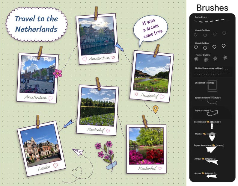 May include: A digital collage on a light green dotted background featuring six polaroid-style photos of the Netherlands, including Amsterdam, Keukenhof, and Leiden. The layout includes text, speech bubbles, and a sidebar menu labelled Brushes.