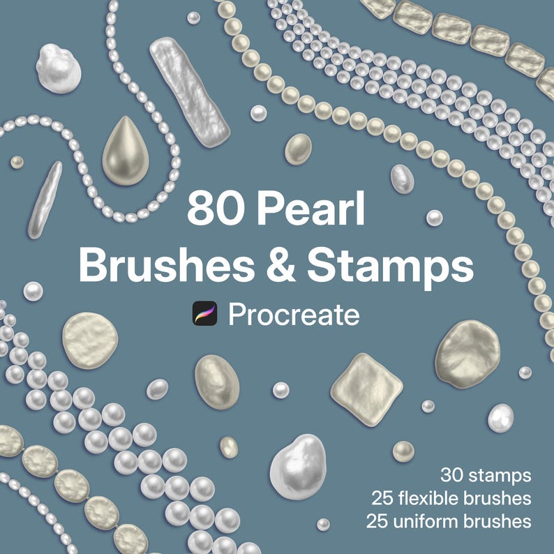 Op de afbeelding: Een digitale afbeelding met de tekst 80 Pearl Brushes & Stamps Procreate, omringd door diverse witte parelillustraties, waaronder strengen, individuele ronde parels en onregelmatige barokvormen op een effen blauwe achtergrond.