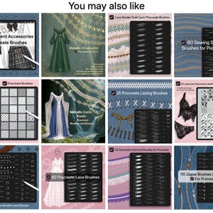 May include: A digital collection of Procreate brush sets featuring various design elements including garment accessories, metallic ornaments, sewing stitches, netting textures, celtic knots, lacing, lace borders, belt elements, and zipper stamps.