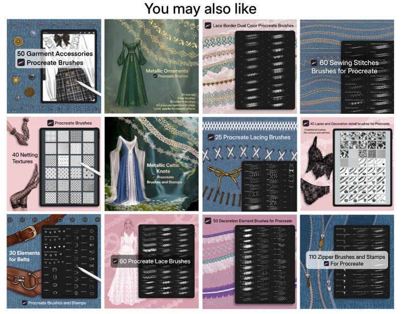 May include: A digital collection of Procreate brush sets featuring various design elements including garment accessories, metallic ornaments, sewing stitches, netting textures, celtic knots, lacing, lace borders, belt elements, and zipper stamps.