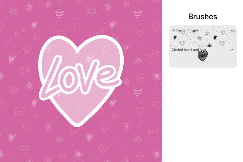 Puede incluir: Un fondo rosa con un contorno blanco de un coraz&oacute;n que dice "Love" en un contorno blanco. El fondo est&aacute; lleno de peque&ntilde;os corazones blancos, flores y otros dise&ntilde;os.